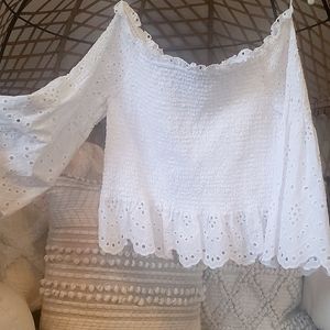 EXPRESS, White Smocked eyelet off the shoulder top